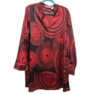 NEW DIRECTION WOMAN Red Black Geometric Print Beaded Collar Tunic Top‎ 2X